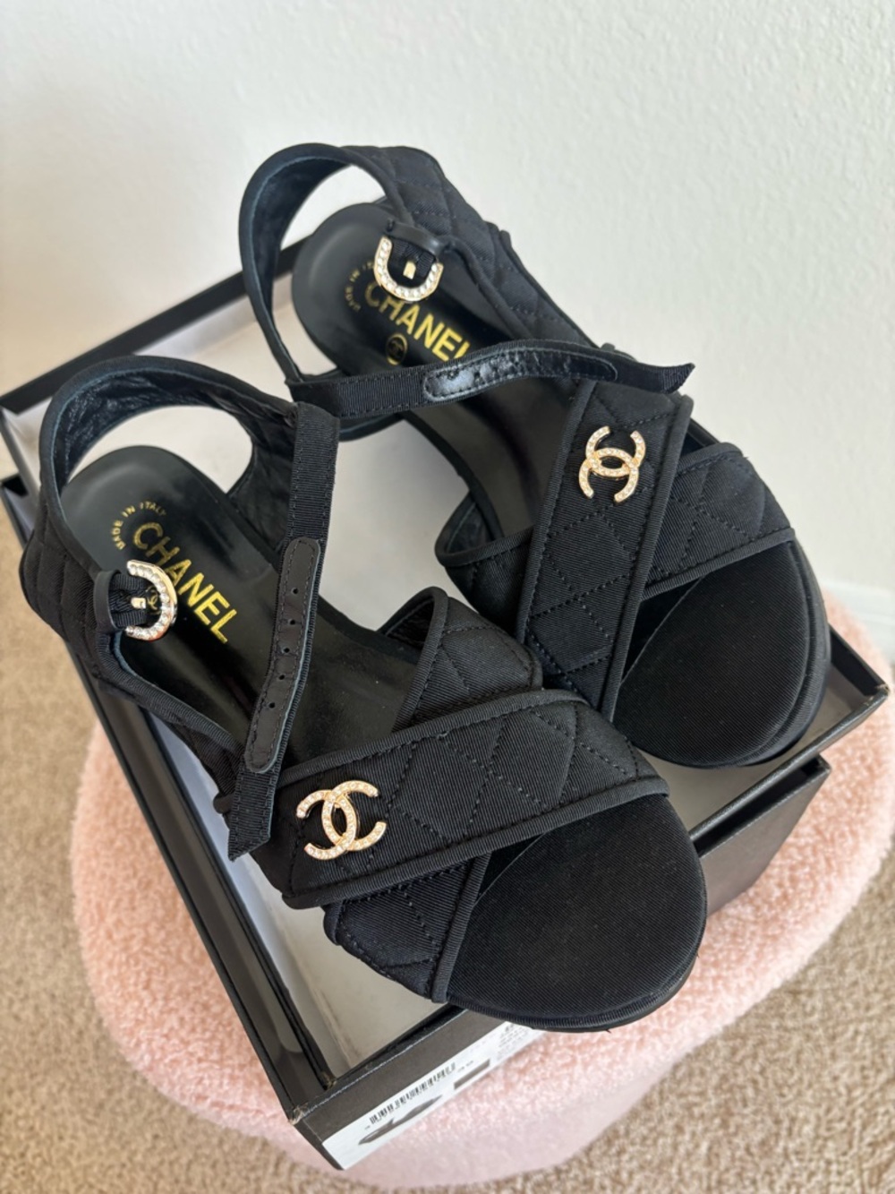 CHANEL Black Quilted Platform Sandals with Gold CC Hardware - Picture 4 of 12